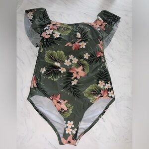 Kona sol one piece swim bathing suit l 12-14 Floral print palm green ruffle